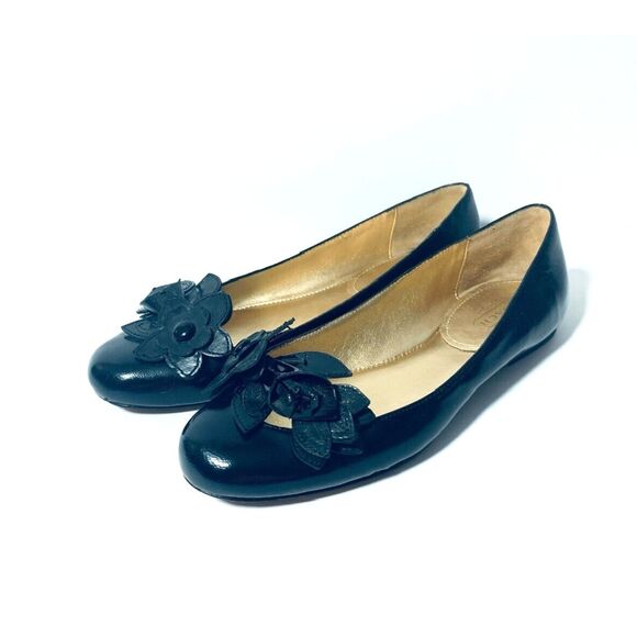 Coach 6.5 Black Patent Leather Flats Floral Toe Chrisann - Picture 3 of 6